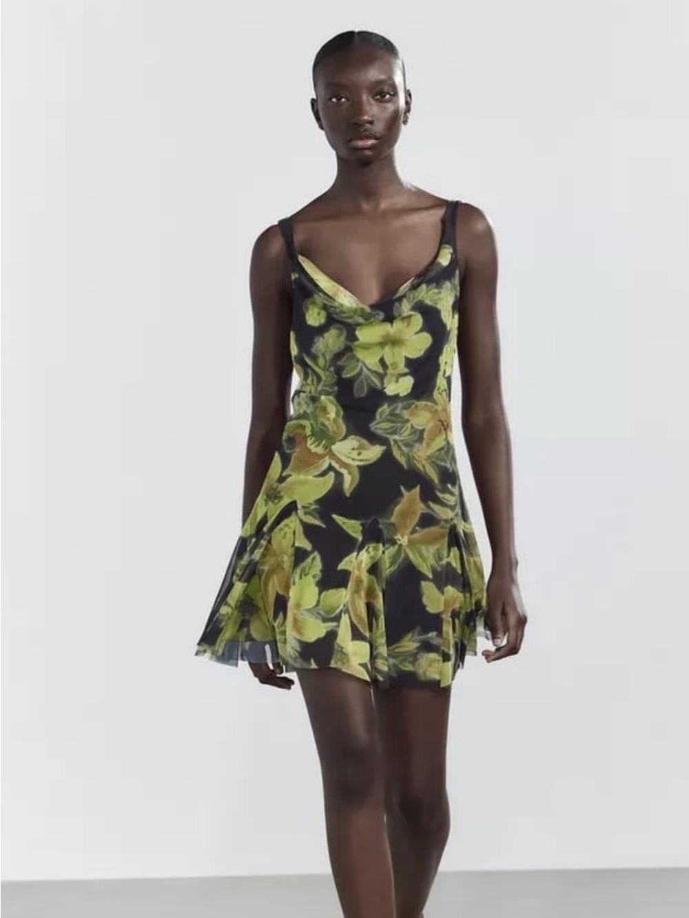 Zara Cowl Neck Floral Slip Mini Dress in Black and Green
